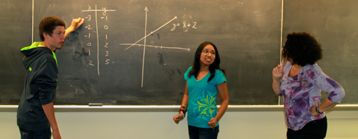 Teacher faces a male and a female student who are discussing representations of the equation y=x+2. The male student is completing a table of x and y values. The female student is standing next to a graph of the equation y=x+2.