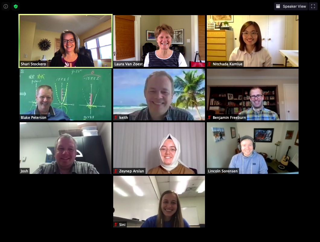 First row: Shari Stockero, PI, MTU; Laura Van Zoest, PI, WMU; Nitchada Kamlue, RA, WMU; Second row: Blake Peterson, PI, BYU; Keith Leatham, PI, BYU; Ben Freeburn, RA, WMU; Third row: Joshua Ruk, RA, WMU; Zeynep Arslan, RA, WMU; Lincoln Sorensen, RA, MTU; Fourth row: Sini White Graff, RA, BYU